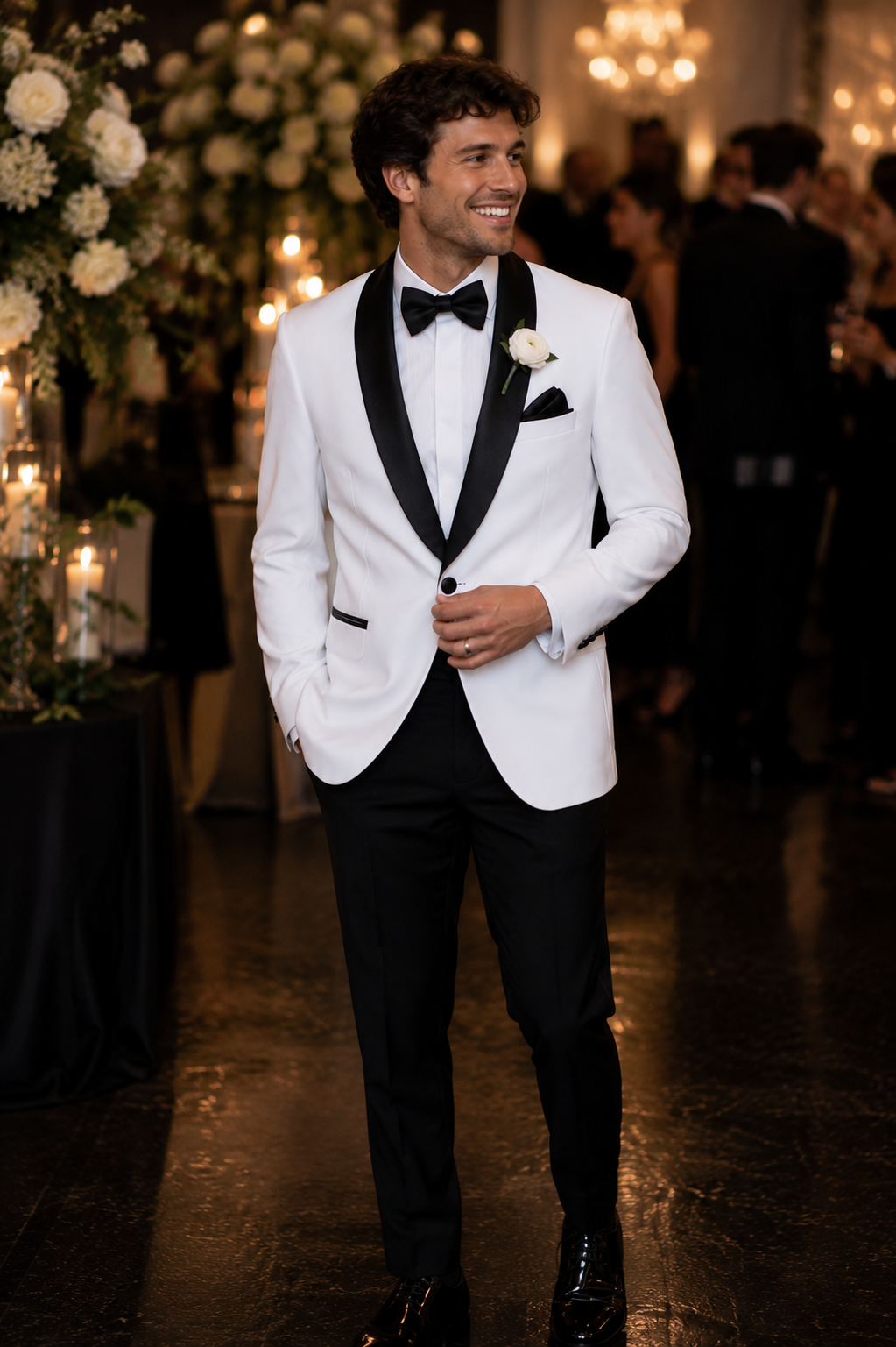Jason 1 Button White Men’s Jacket With  Black Satin Shawl Lapel #8131C