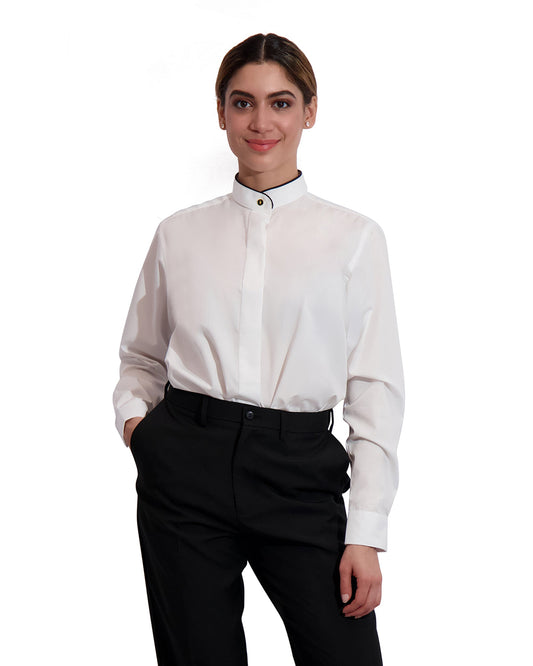 Neil Allyn Women’s Black Trim Mandarin/Banded Collar Shirt #2278