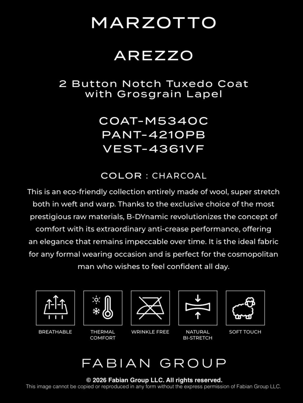 Men’s Marzotto Wool Arezzo 2 Button Notch Tuxedo Coat with Grosgrain Lapel #M5340C-108