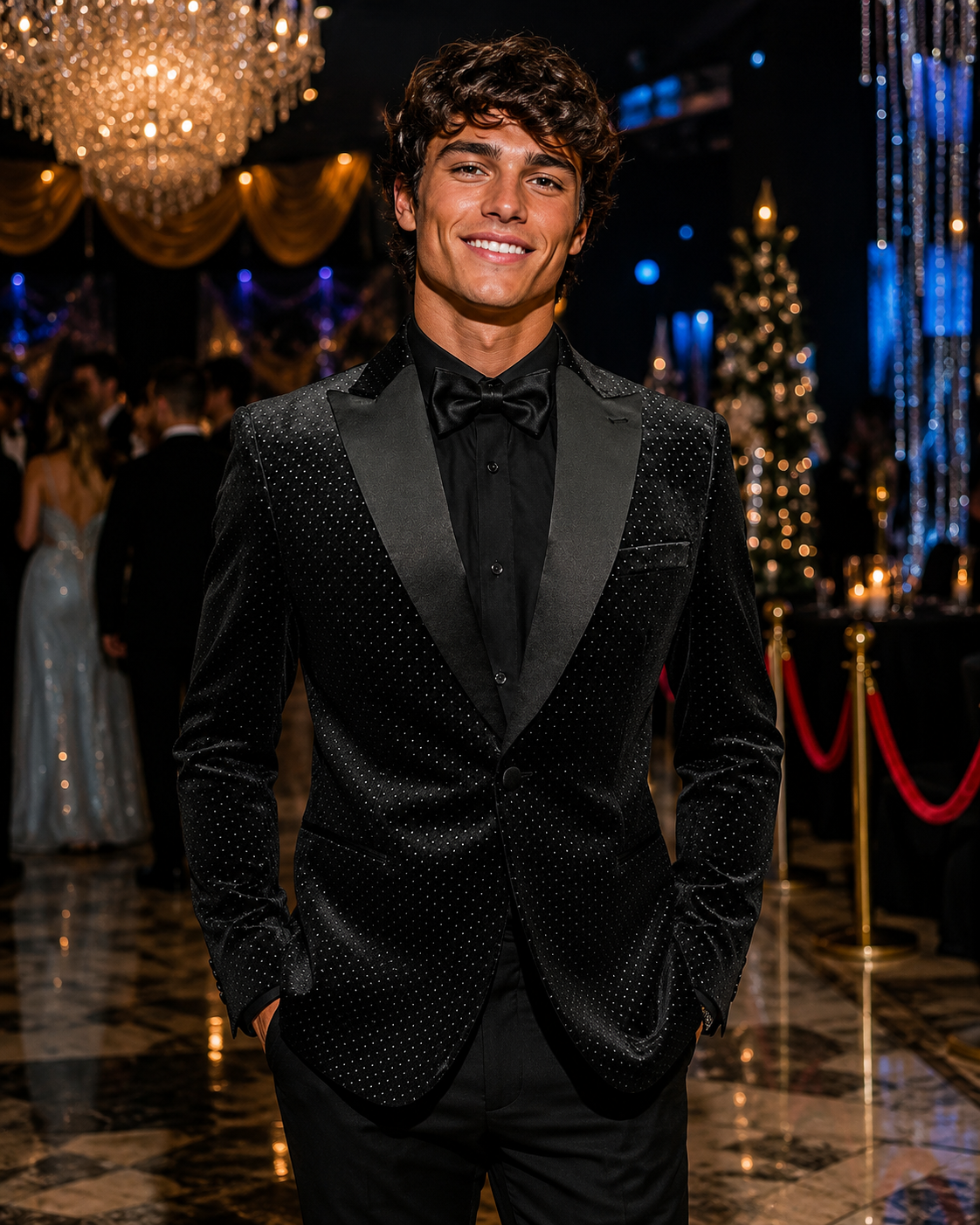 Black Tonal Dot Velvet Peak Lapel Tuxedo
 #E2DF151