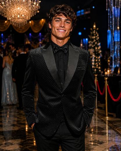 Black Tonal Dot Velvet Peak Lapel Tuxedo
 #E2DF151