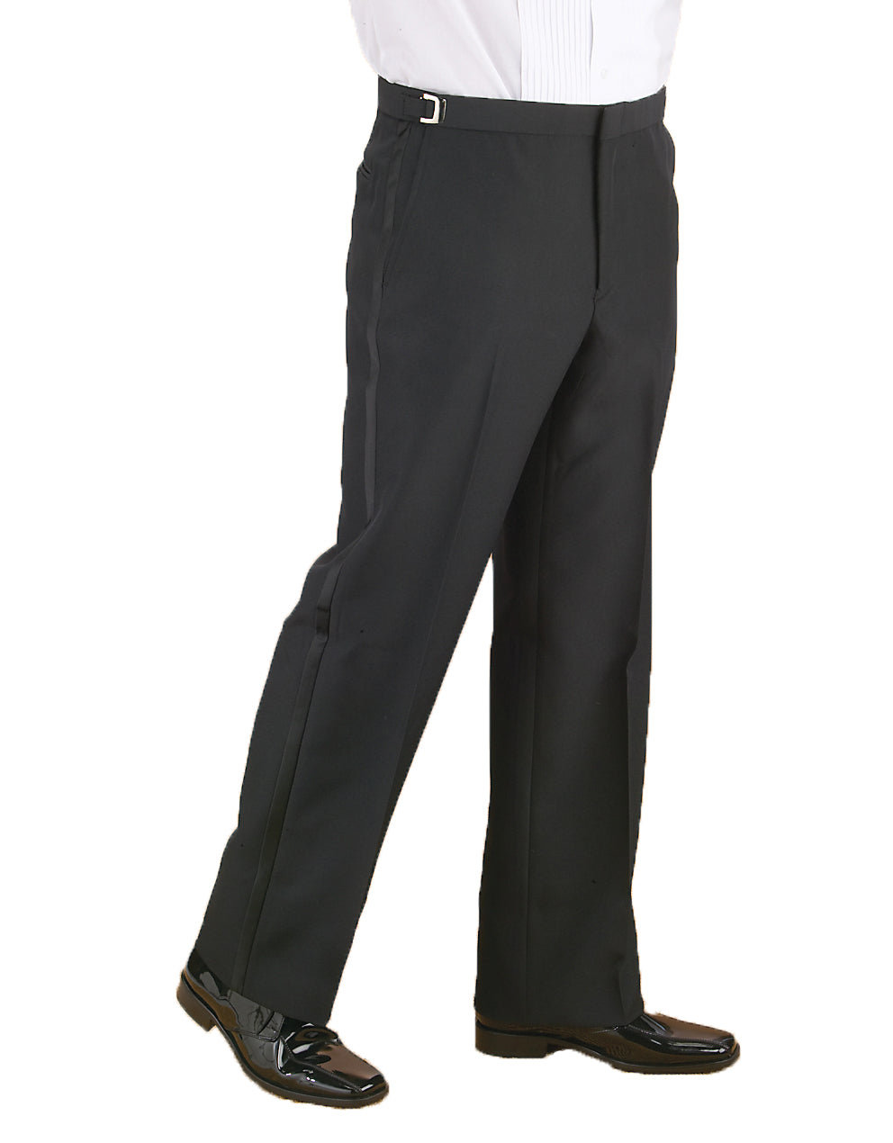 FITTED POLY ADJ FLT FRNT PANT W/ SATIN STRIPE