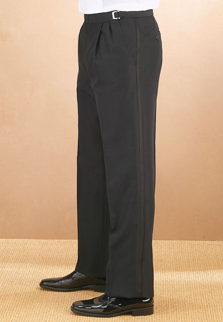 POLY ADJ DOUBLE PLEATED PANT W/ SATIN STRIPE