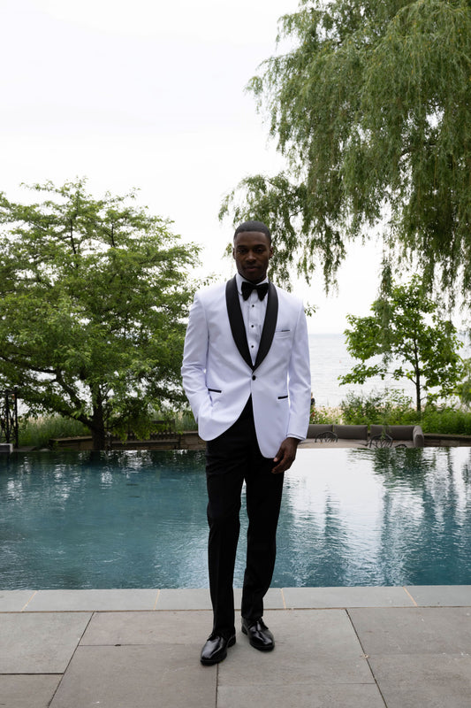 JASON 1 BUTTON WHITE SHAWL MENS JACKET WITH  BLACK SATIN LAPEL