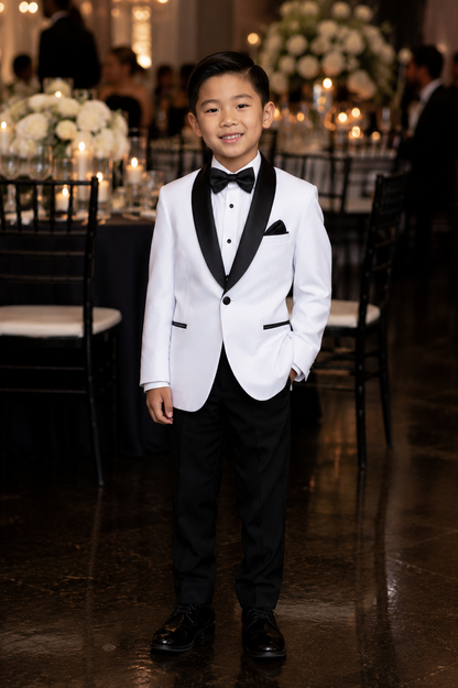 Jason 1 Button White Men’s Jacket With  Black Satin Shawl Lapel #8131C