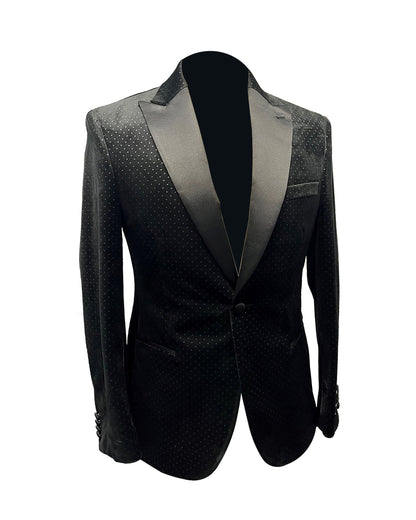 Black Tonal Dot Velvet Peak Lapel Tuxedo
 #E2DF151
