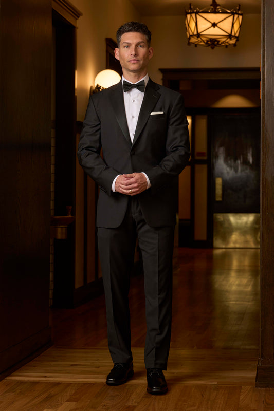 Men’s Marzotto 2 Button Notch Tuxedo Coat with Satin Lapel in Black - Stefano #M4340CS