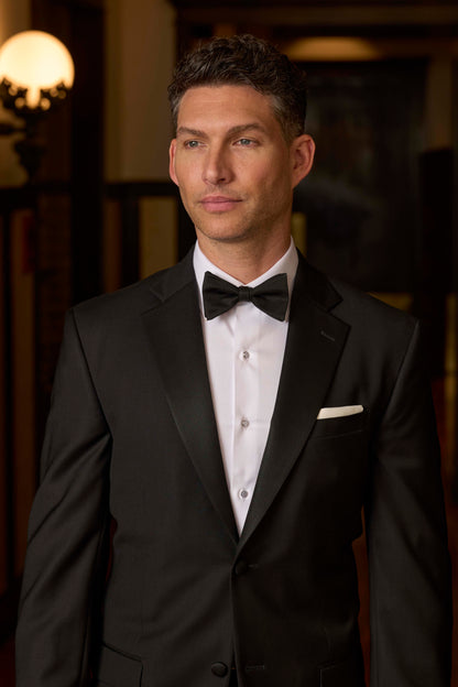 Men’s Marzotto 2 Button Notch Tuxedo Coat with Satin Lapel in Black - Stefano #M4340CS