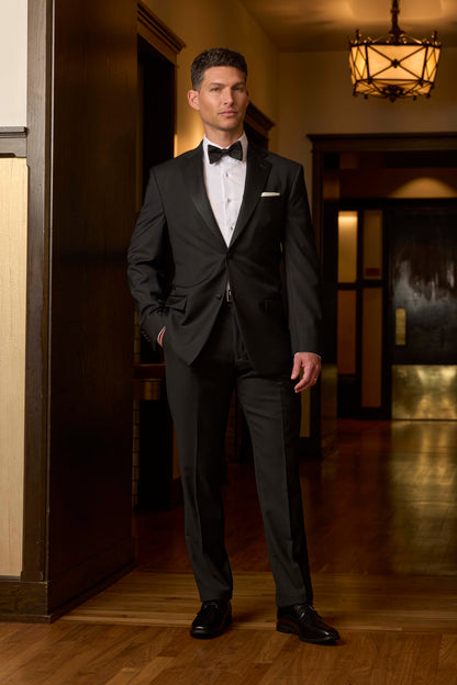 Men’s Marzotto 2 Button Notch Tuxedo Coat with Satin Lapel in Black - Stefano #M4340CS