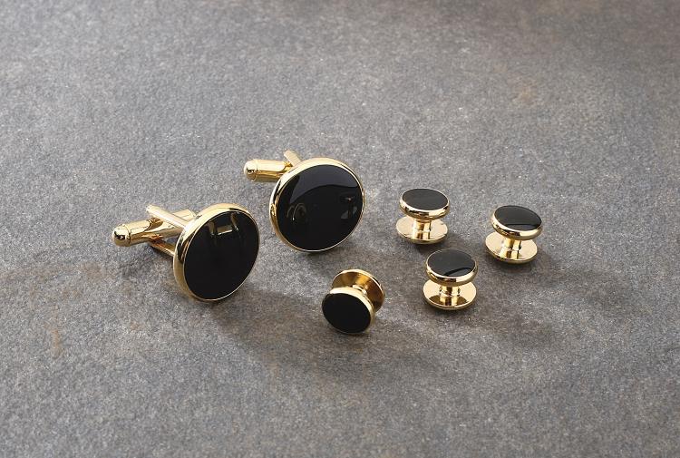 CUFFLINK-STUD-JET BLACK ROUND WITH GOLD TRIM